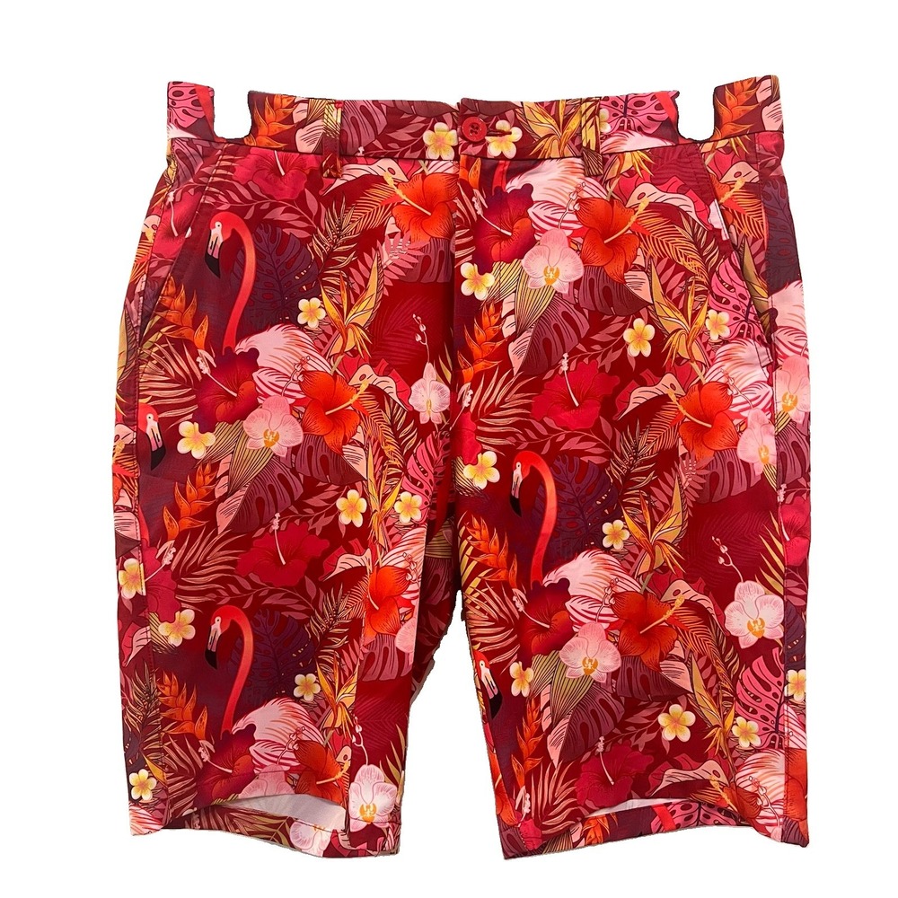 HRESKI MENS GOLF SHORTS Flamingos and flowers Multi colors Sz 32 Performance